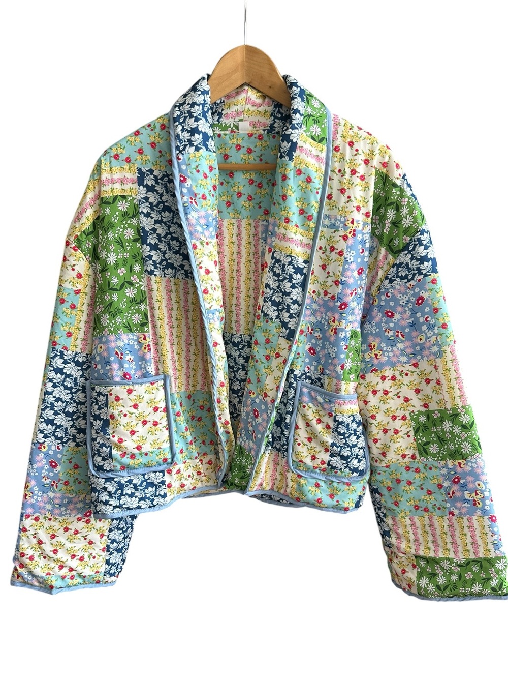 Cottagecore Quilted Patchwork Jacket Floral Open Front Cropped Grandmacore